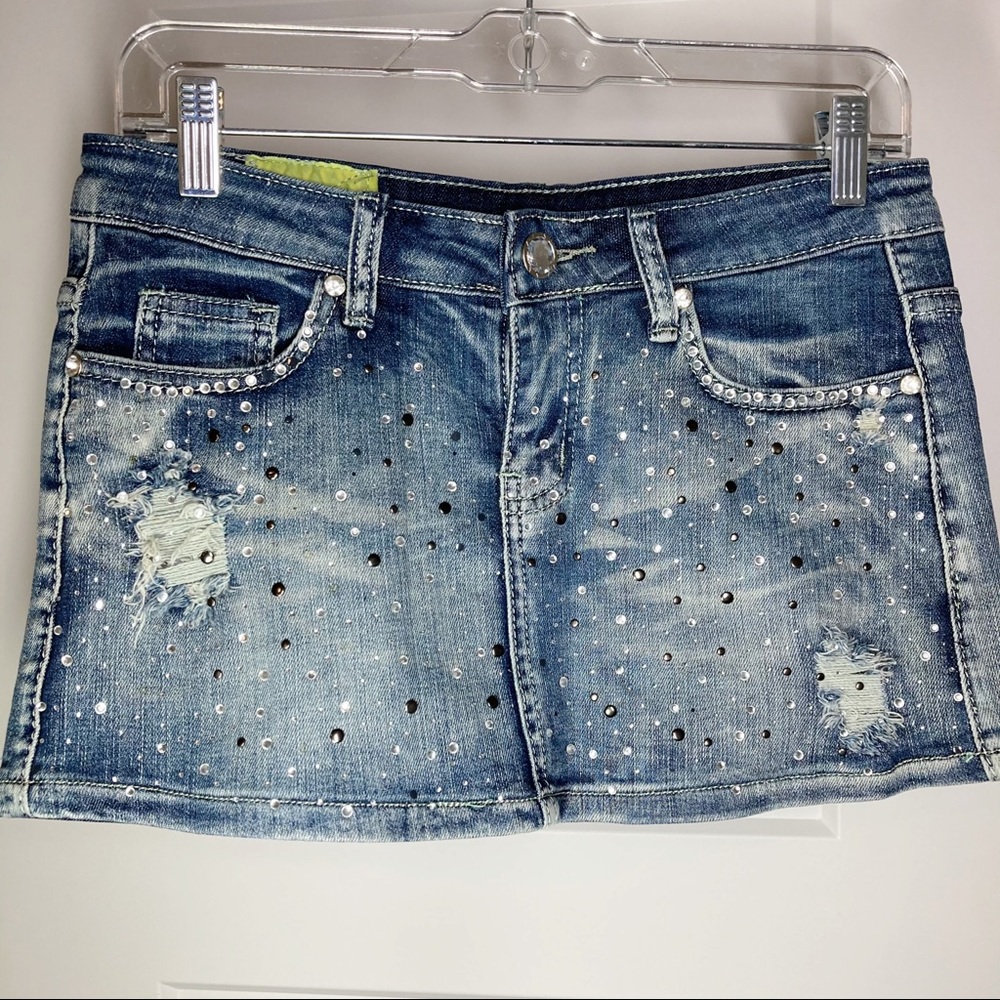 Machine Distressed Denim Mini Skirt Crystals Studs